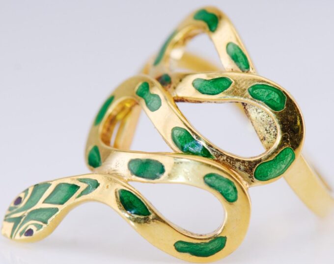 Antique Boucheron Paris 18K Gold & Green Enamel Snake Ring Size 8.5 | 8 Grams