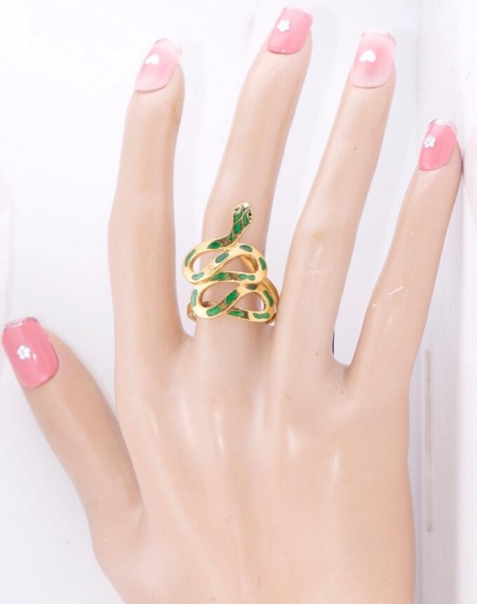 Antique Boucheron Paris 18K Gold & Green Enamel Snake Ring Size 8.5 | 8 Grams