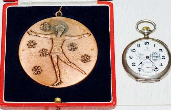 Antique Omega Award Pocket Watch & Medal for 1928 St.Moritz Winter Olympic Game