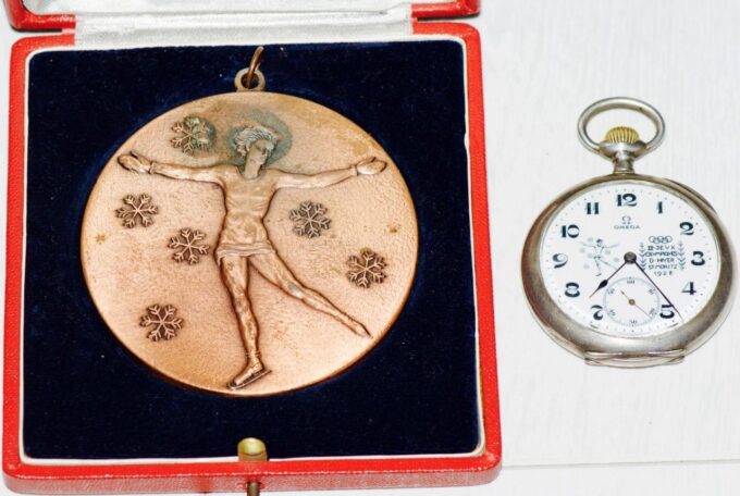 Antique Omega Award Pocket Watch & Medal for 1928 St.Moritz Winter Olympic Game