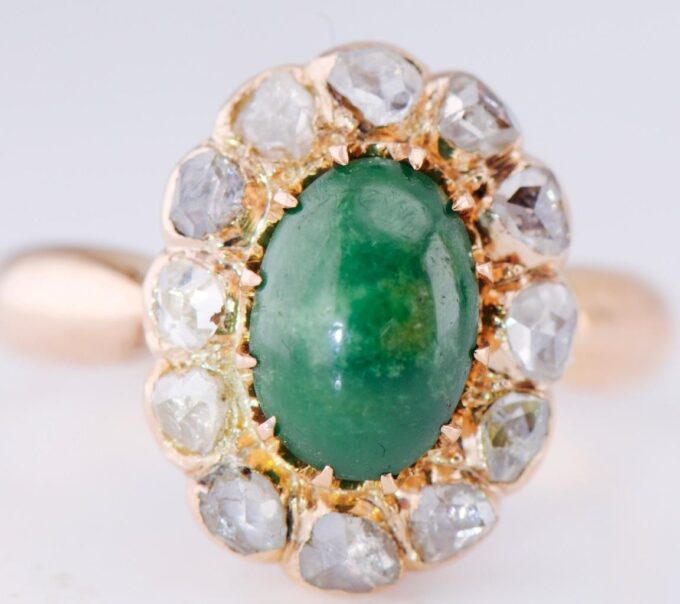 Antique Imperial Era 14K Gold Ring with Natural Emerald and Rose Cut Diamonds