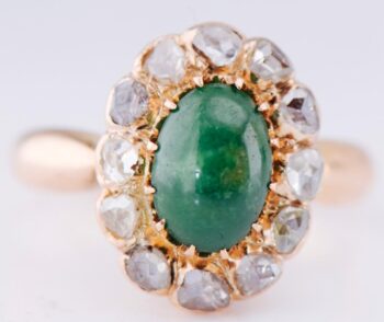 Antique Imperial Era 14K Gold Ring with Natural Emerald and Rose Cut Diamonds