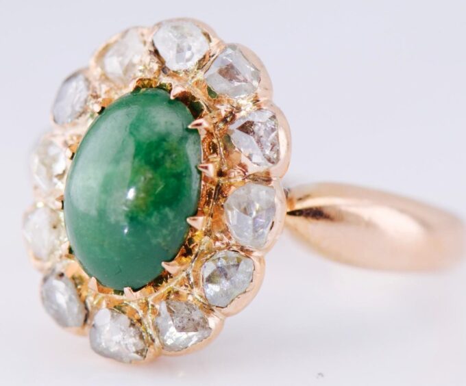 Antique Imperial Era 14K Gold Ring with Natural Emerald and Rose Cut Diamonds