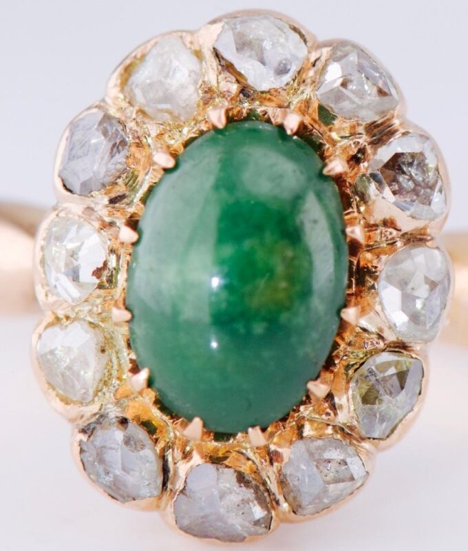 Antique Imperial Era 14K Gold Ring with Natural Emerald and Rose Cut Diamonds
