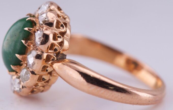 Antique Imperial Era 14K Gold Ring with Natural Emerald and Rose Cut Diamonds