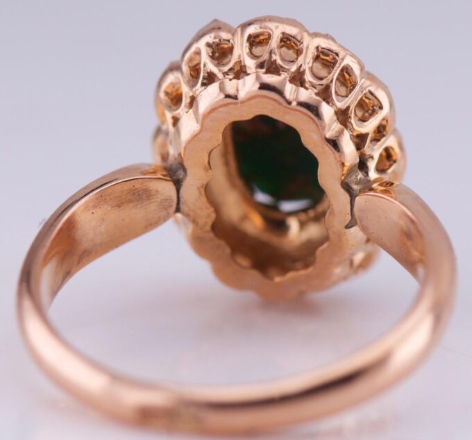 Antique Imperial Era 14K Gold Ring with Natural Emerald and Rose Cut Diamonds