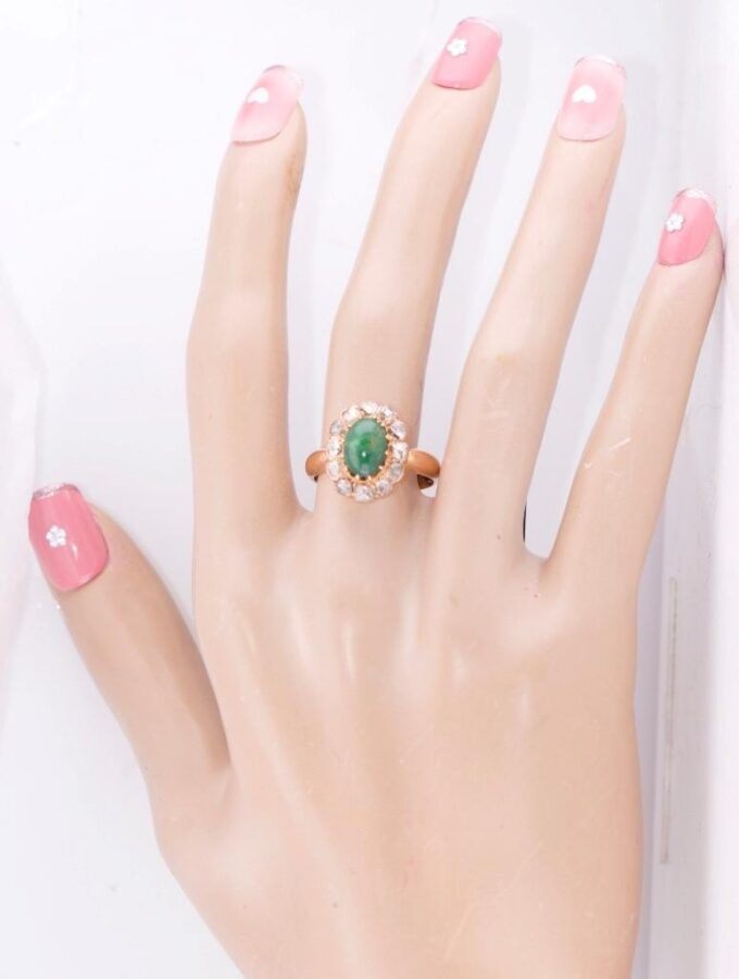 Antique Imperial Era 14K Gold Ring with Natural Emerald and Rose Cut Diamonds