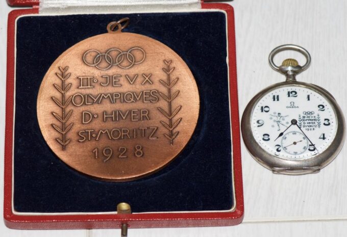 Antique Omega Award Pocket Watch & Medal for 1928 St.Moritz Winter Olympic Game