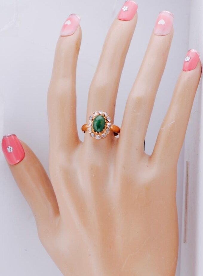Antique Imperial Era 14K Gold Ring with Natural Emerald and Rose Cut Diamonds