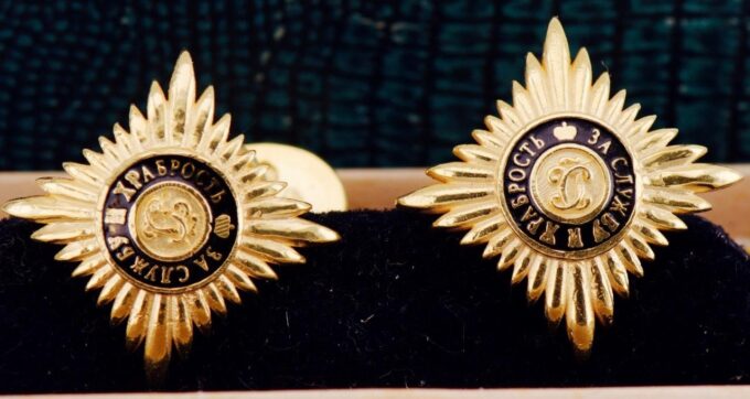 Antique Empire Tsar Era Faberge Gilt Silver Enamel Cufflinks Set St.George Order