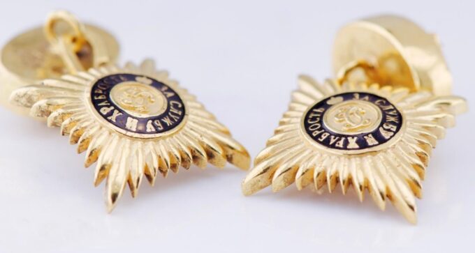 Antique Empire Tsar Era Faberge Gilt Silver Enamel Cufflinks Set St.George Order