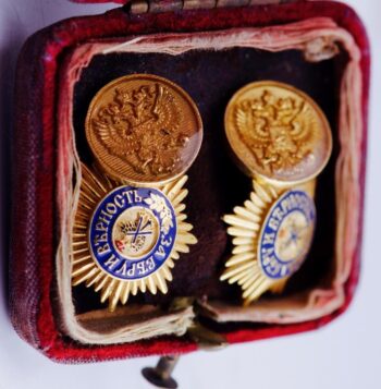 Antique Empire Faberge Gilt Silver Enamel Cufflinks Set St.Andrew Order Tsar Era