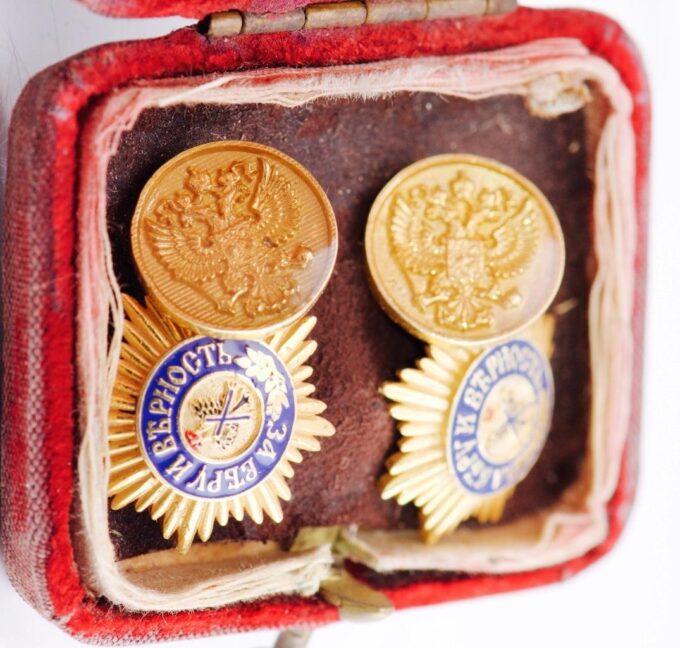 Antique Empire Faberge Gilt Silver Enamel Cufflinks Set St.Andrew Order Tsar Era