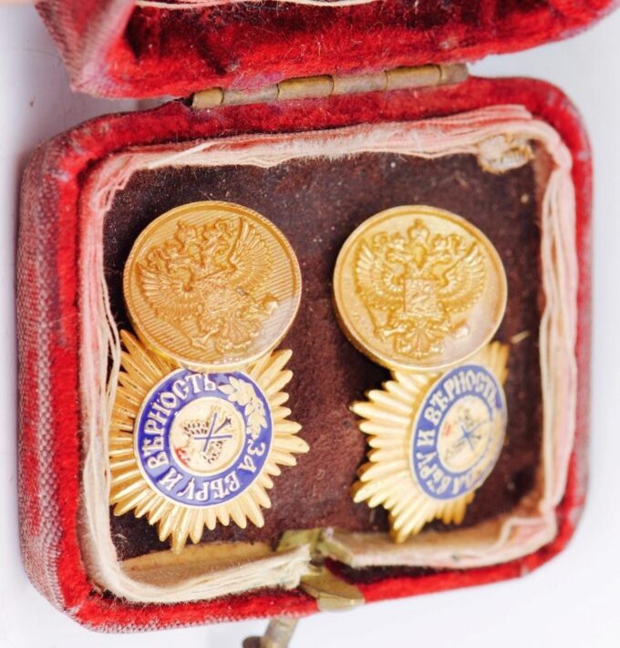 Antique Empire Faberge Gilt Silver Enamel Cufflinks Set St.Andrew Order Tsar Era