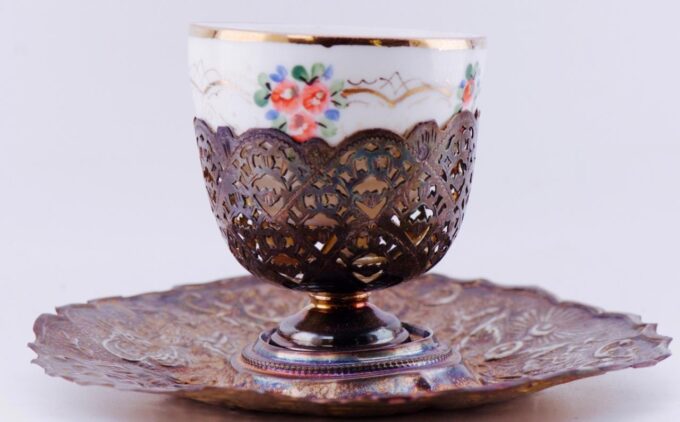 Imperial Rus Kuznetsov Fine Painted Porcelain Silver Tea Cup Award by Tsar 1878