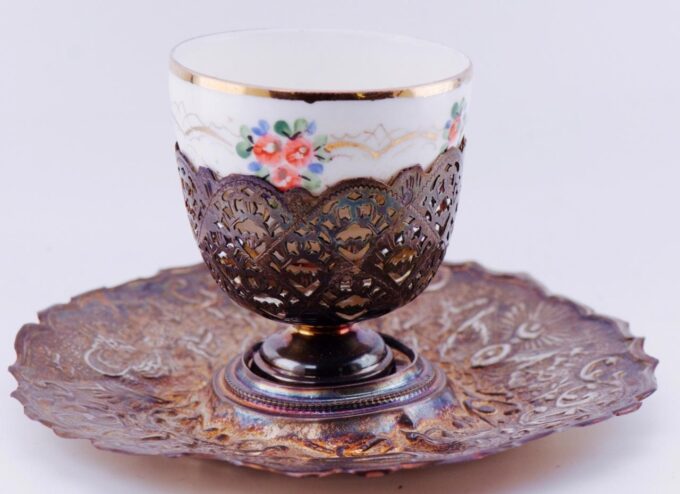 Imperial Rus Kuznetsov Fine Painted Porcelain Silver Tea Cup Award by Tsar 1878