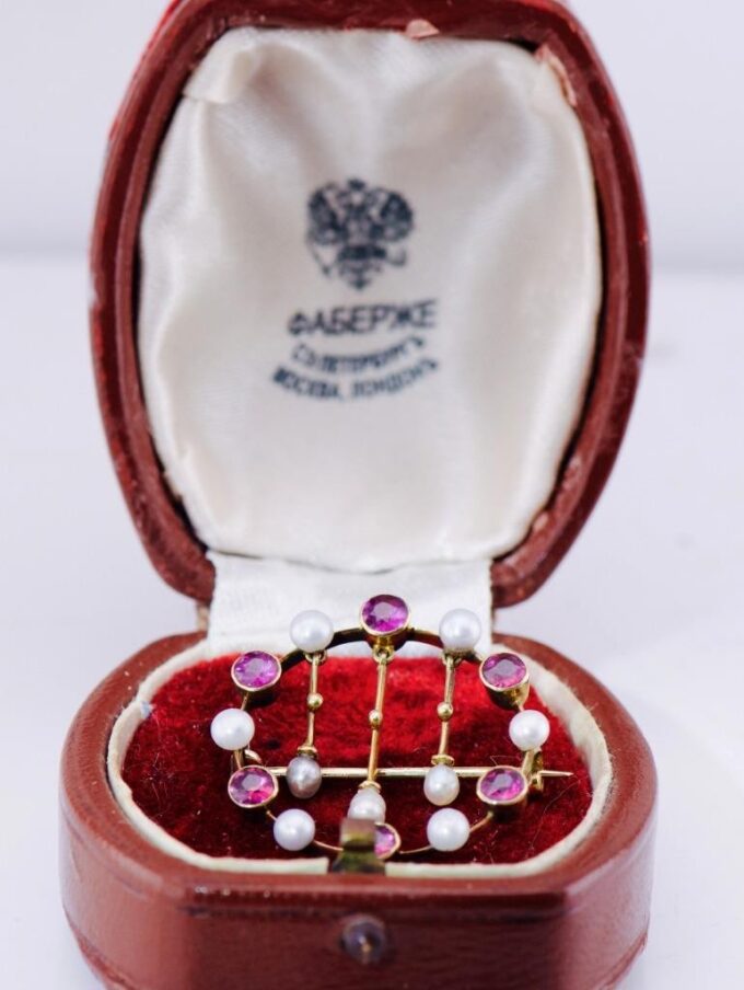 FABERGE Brooch Antique Empire Era 14k Gold Amethyst and Pearls c1880's Boxed