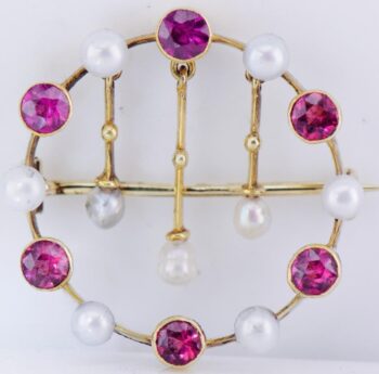 FABERGE Brooch Antique Empire Era 14k Gold Amethyst and Pearls c1880's Boxed