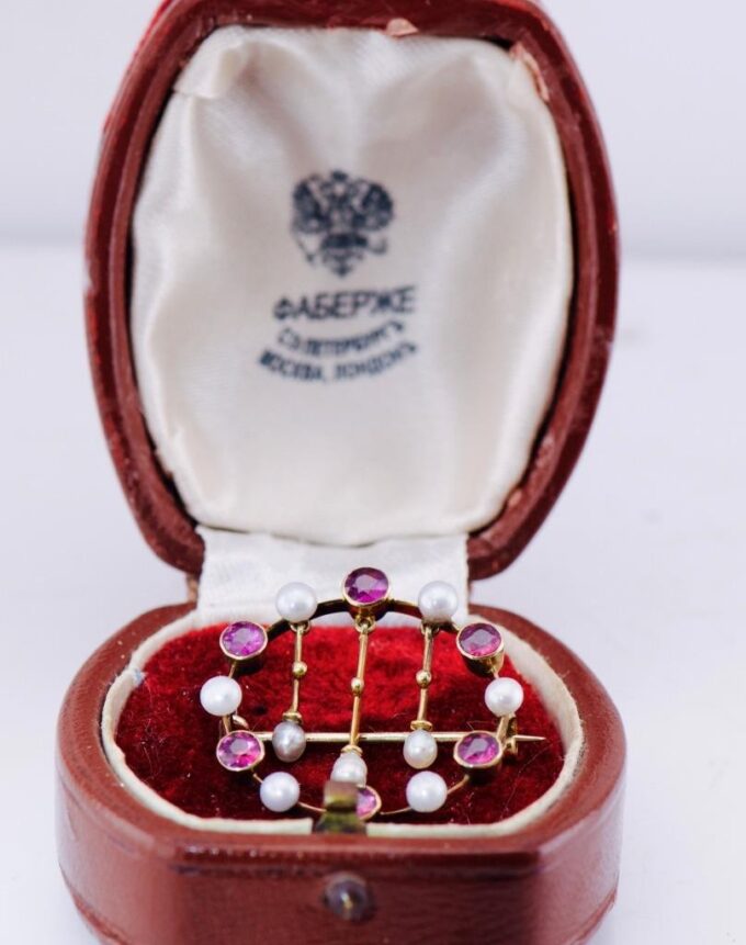 FABERGE Brooch Antique Empire Era 14k Gold Amethyst and Pearls c1880's Boxed