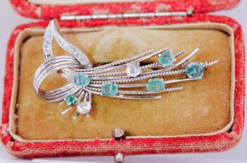 Tiffany Brooch Antique Art-Deco Platinum 3ct Emerald and Diamond c1930 Box