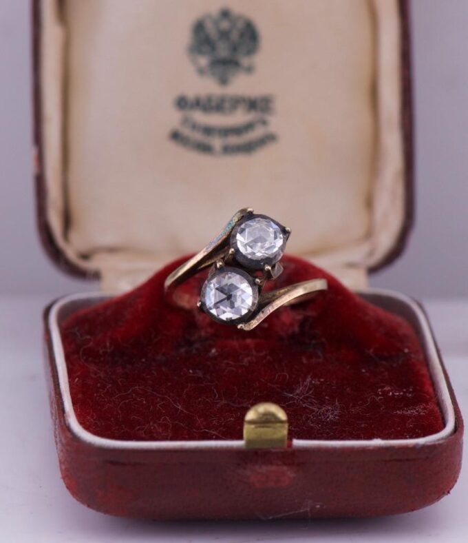 Faberge Ring Antique Imperial Era Toi et Moi Ladies 18k Gold c1890's Box