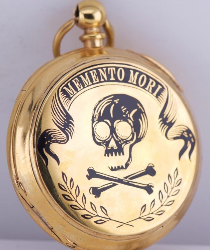 Antique Gilt Silver Pocket Watch “Memento Mori” Skull and Bones Engraving c1850