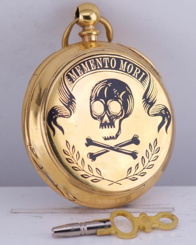 Antique Gilt Silver Pocket Watch “Memento Mori” Skull and Bones Engraving c1850