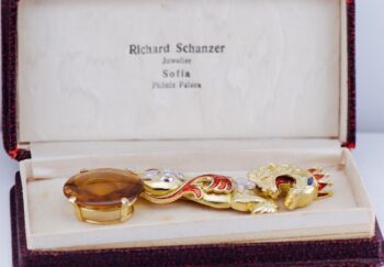 Chaumet Crowned Lion Brooch Antique French 18k Gold Citrine Enamel Diamond Box