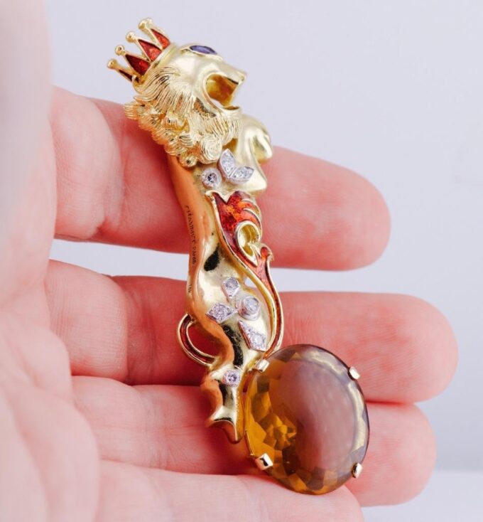 Chaumet Crowned Lion Brooch Antique French 18k Gold Citrine Enamel Diamond Box