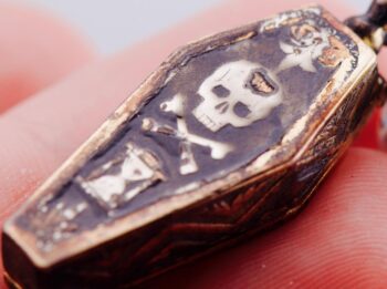 Antique Victorian Memento Mori Skeleton in Coffin Pendant Gilt Silver Enamel