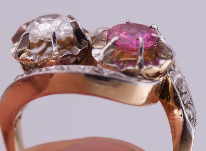 Faberge Love Ring Antique Imperial 18K Gold “Toi et Moi” Ruby c1890 Tsar's Era