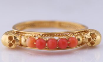 Antique Victorian Ring 18K Gold Corals Memento Mori Skulls c1880s RARE