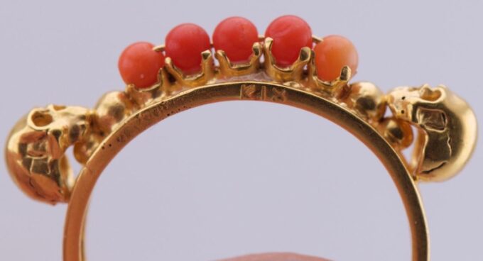 Antique Victorian Ring 18K Gold Corals Memento Mori Skulls c1880s RARE