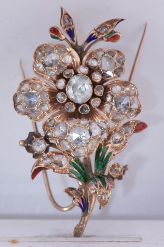 Antique Floral Brooch Gold Enamel and 4.5ct Rose Cut Diamond Belgium Royal Court