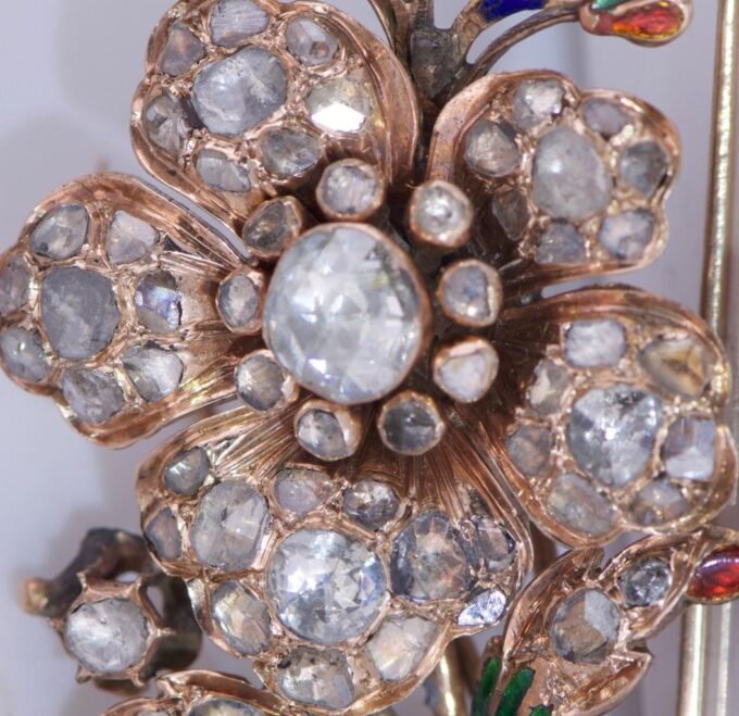 Antique Floral Brooch Gold Enamel and 4.5ct Rose Cut Diamond Belgium Royal Court