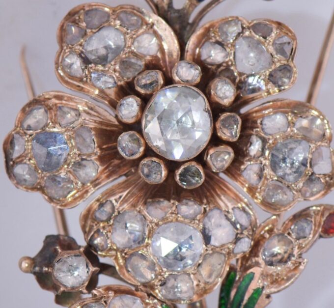 Antique Floral Brooch Gold Enamel and 4.5ct Rose Cut Diamond Belgium Royal Court