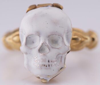 Antique Victorian Poison Skull Occultist Locket Ring Gilt Silver Enamel c1872