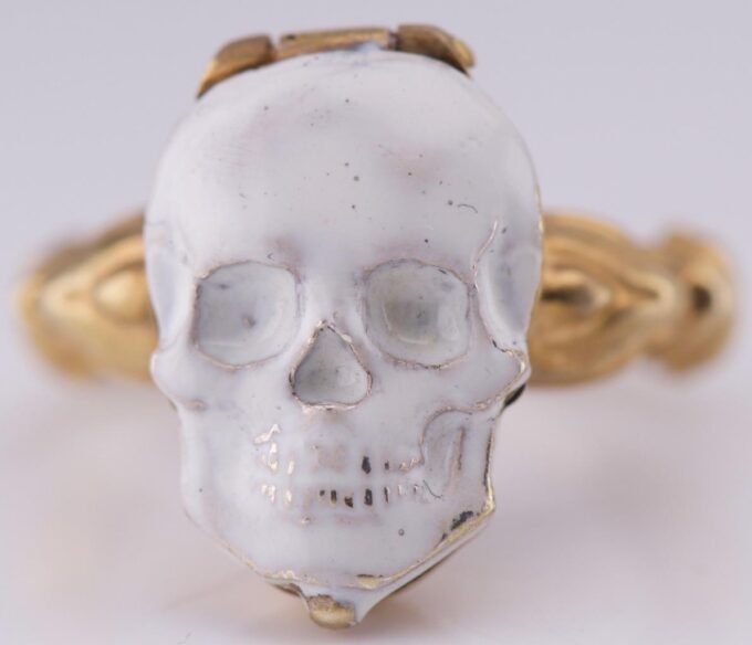 Antique Victorian Poison Skull Occultist Locket Ring Gilt Silver Enamel c1872
