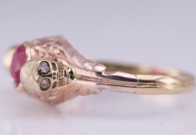 Antique Victorian Memento Mori Ring 18K Solid Gold Ruby & Rose Cut Diamonds