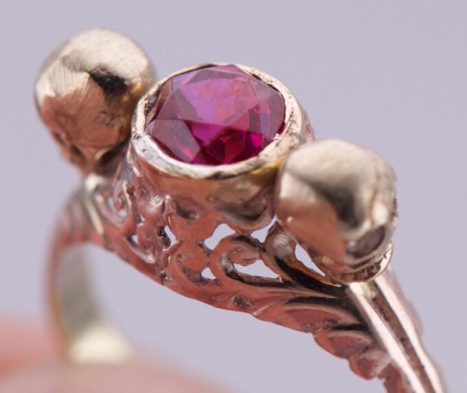 Antique Victorian Memento Mori Ring 18K Solid Gold Ruby & Rose Cut Diamonds