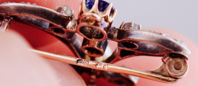 FABERGE Antique Imperial 14k Gold Brooch Decorated with Diamonds and Aquamarine