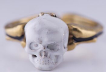 Antique Victorian Poison Skull Occultist Locket Ring Gilt Silver Enamel c1892