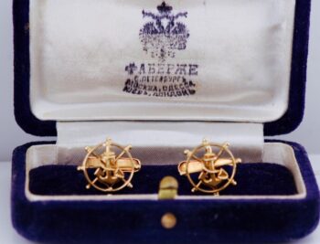 Faberge Antique 18k Gold Cufflinks Set Awarded by Tsar Nicholas II to Captain