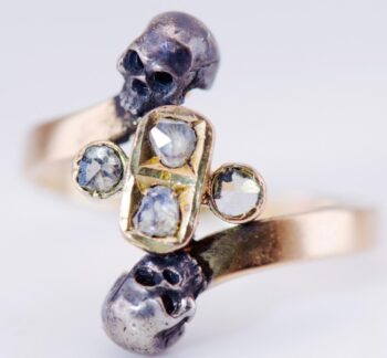 Antique Victorian 18k Gold Ring Memento Mori Skull Diamond c1880's