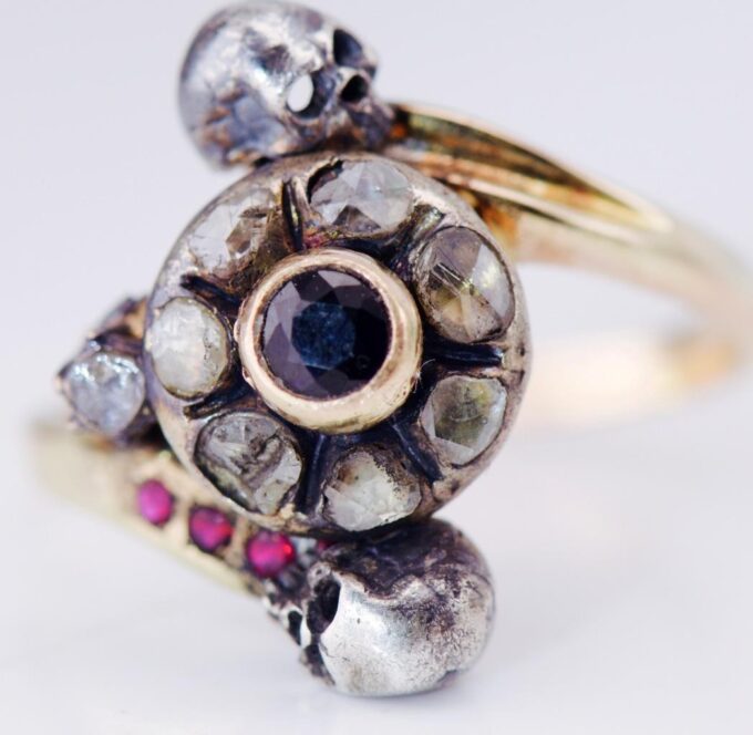 Antique Victorian 18k Gold Ring Diamond Sapphire Ruby Memento Mori Skull c1880s