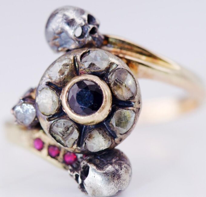 Antique Victorian 18k Gold Ring Diamond Sapphire Ruby Memento Mori Skull c1880s