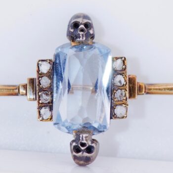 Antique Victorian Memento Mori Skull Brooch 14k Gold Silver 8ct Aquamarine