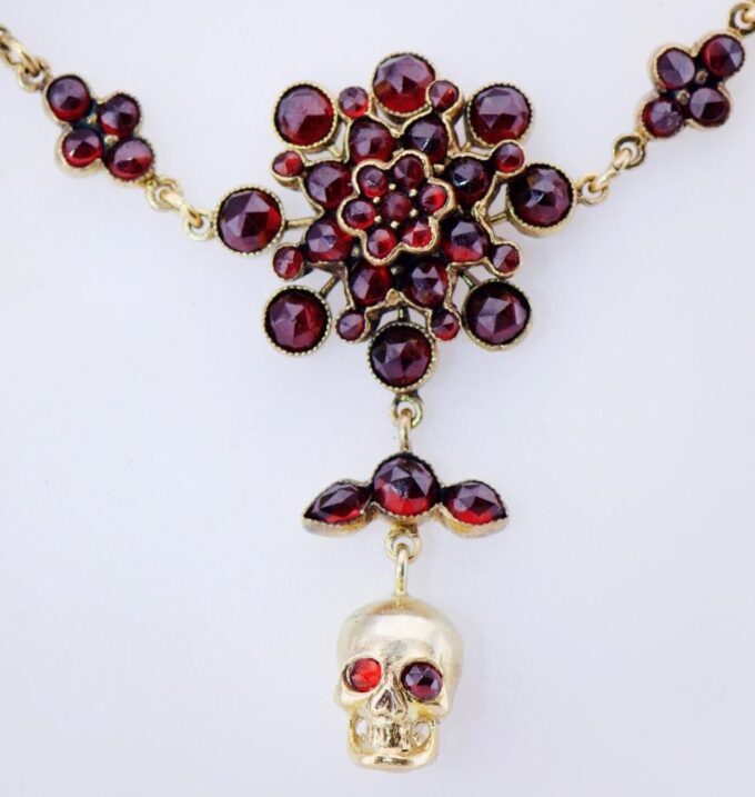 Antique Victorian Memento Mori SKULL Necklace Gold Plated Silver & Garnet c1880s