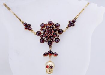 Antique Victorian Memento Mori SKULL Necklace Gold Plated Silver & Garnet c1880s