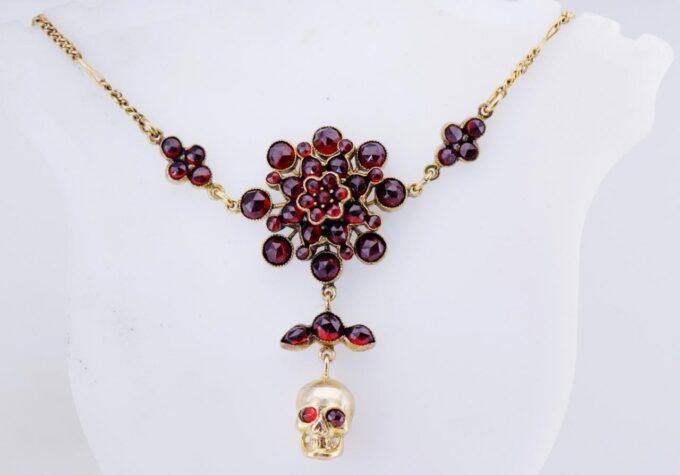 Antique Victorian Memento Mori SKULL Necklace Gold Plated Silver & Garnet c1880s